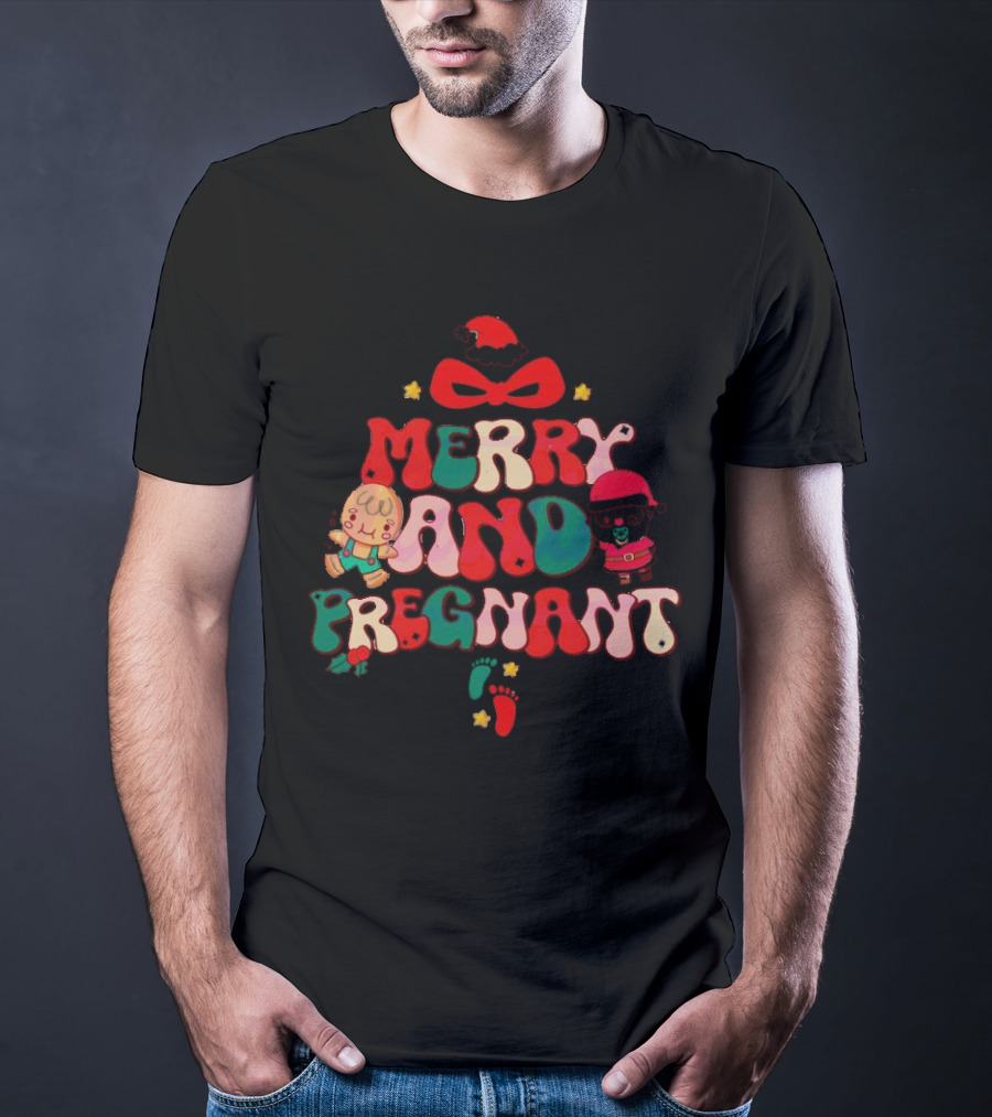 Merry And Pregnant Christmas Tree Baby Reveal With Santa Hat And Gingerbread People T-Shirt