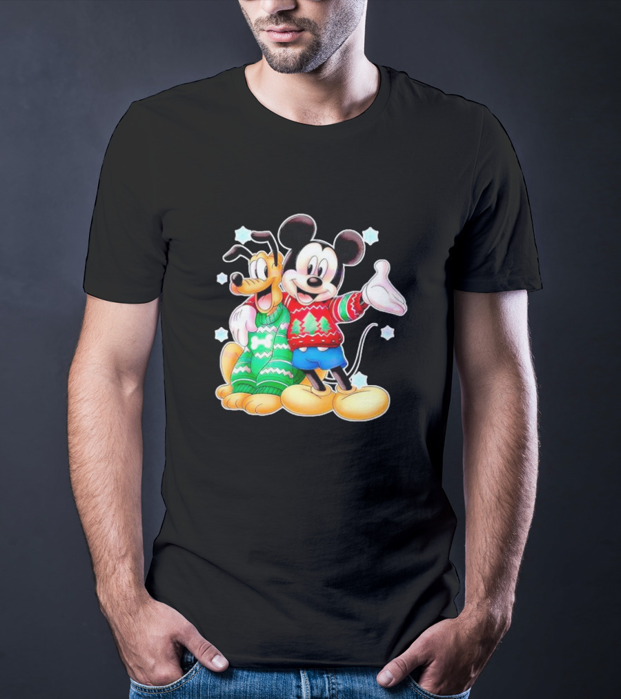 Mickey And Pluto Christmas Sweater Holiday Scene T-Shirt