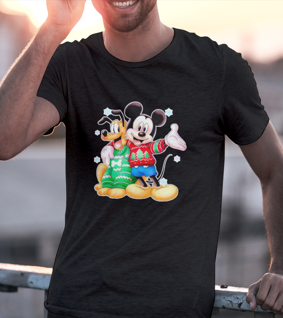 Mickey And Pluto Christmas Sweater Holiday Scene T-Shirt