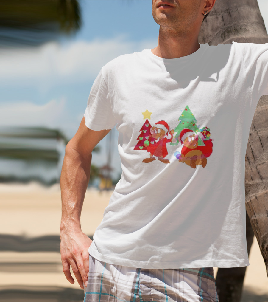 Santa Jaq And Gus With Christmas Lights And Presents By Christmas Tree T-Shirt
