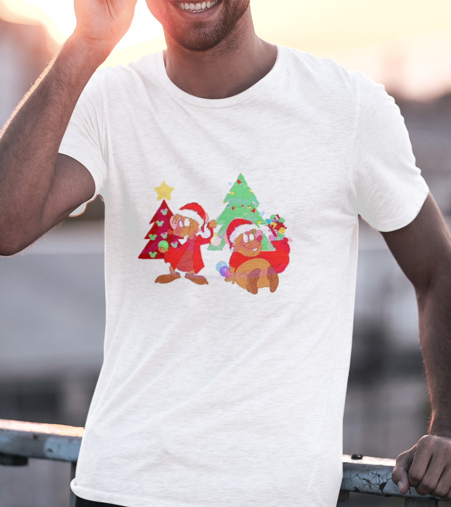 Santa Jaq And Gus With Christmas Lights And Presents By Christmas Tree T-Shirt