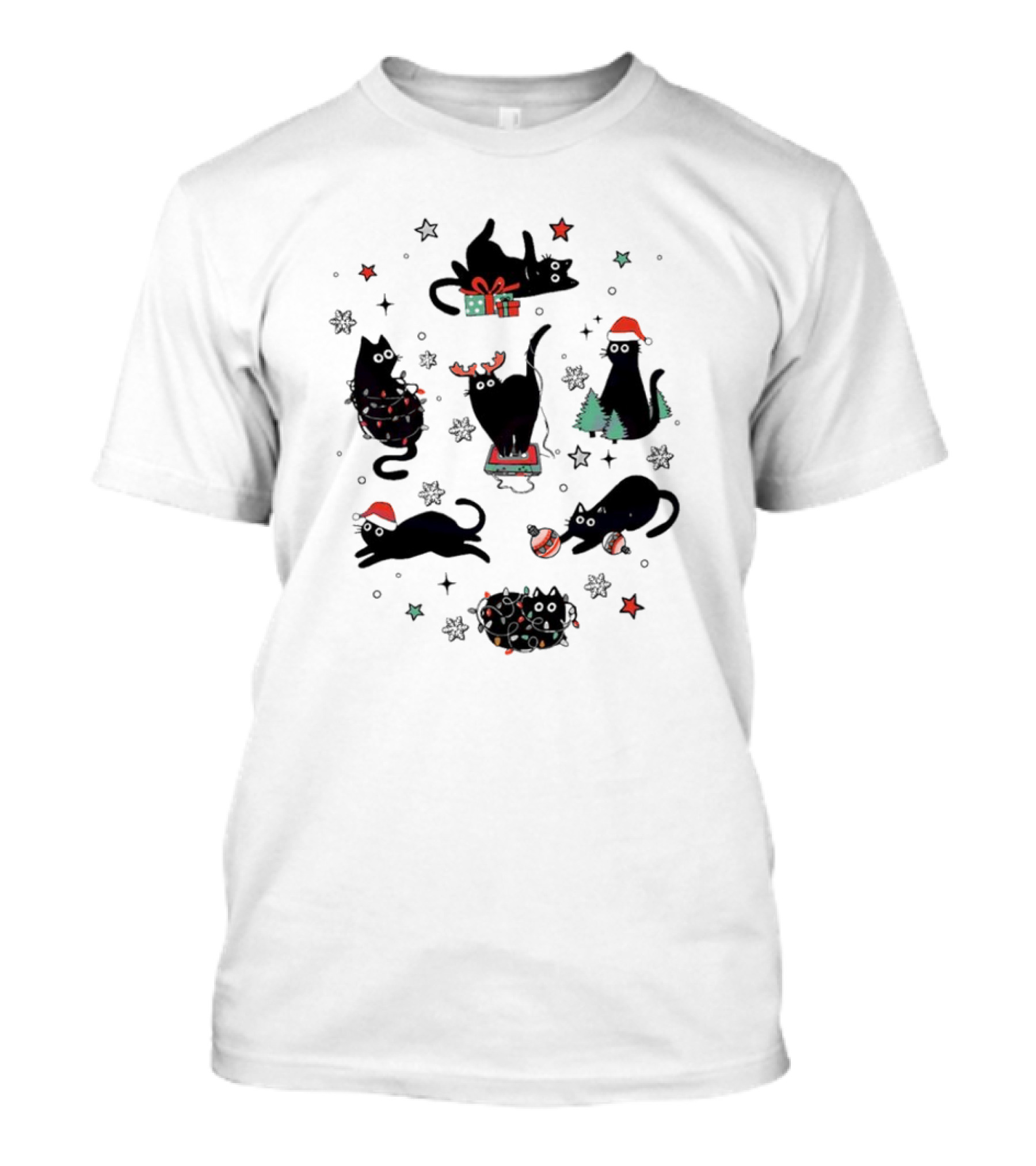 Christmas Black Cat Santa Hat Presents Lights Trees T-Shirt