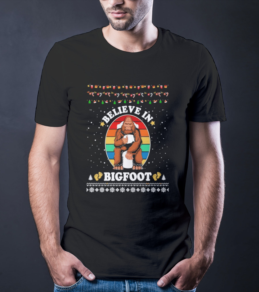 Believe In Bigfoot With Toilet Humor And Christmas Icons T-Shirt