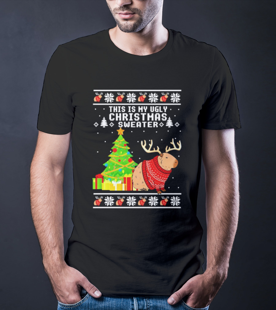 This Is My Ugly Christmas Sweater Capybara Reindeer T-Shirt