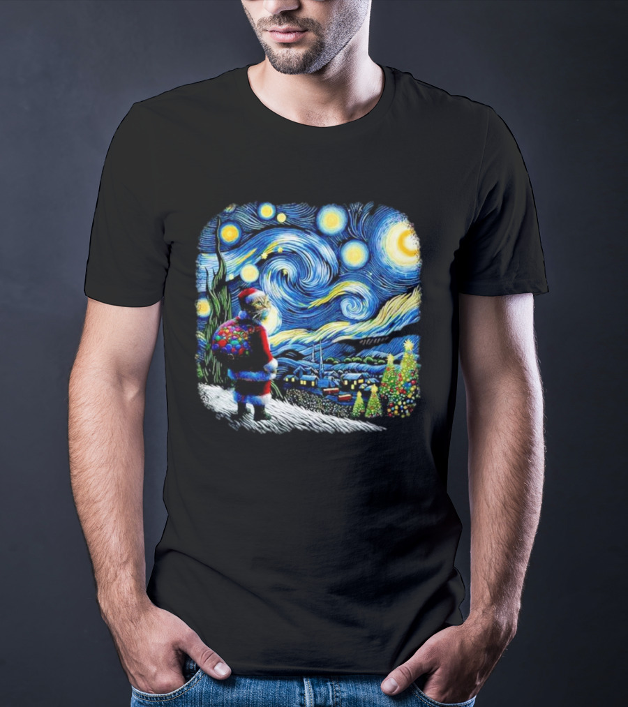 Cat Santa Paws Van Gogh Starry Night Christmas Holiday Scene T-Shirt