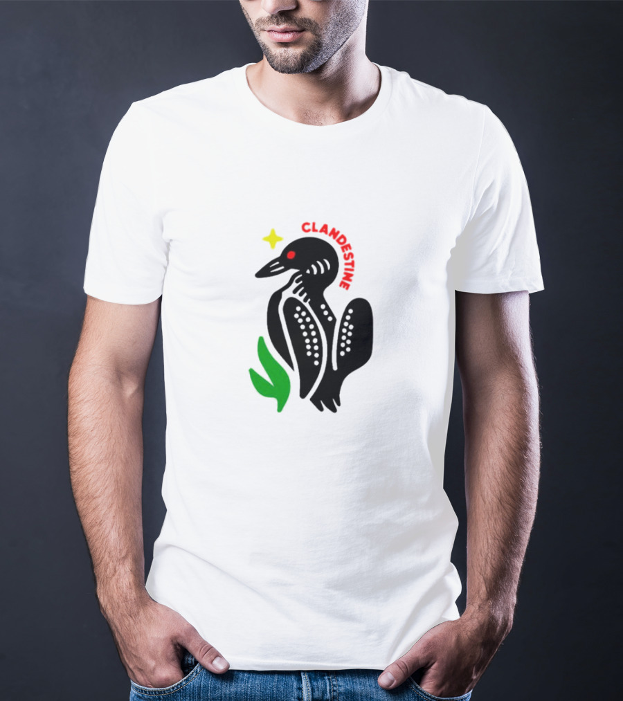 Clandestine Loon Bird With Star And Green Leaf Elements T-Shirt