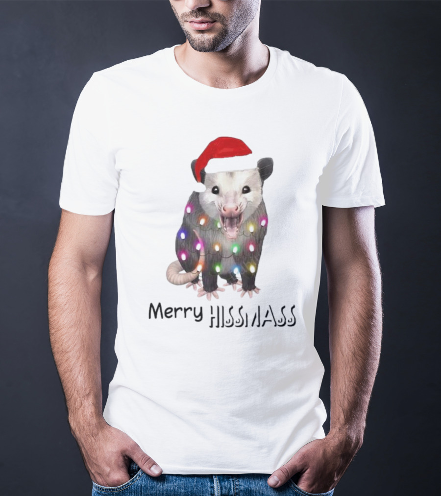 Merry Hissmas Opossum Santa Hat Christmas Lights T-Shirt