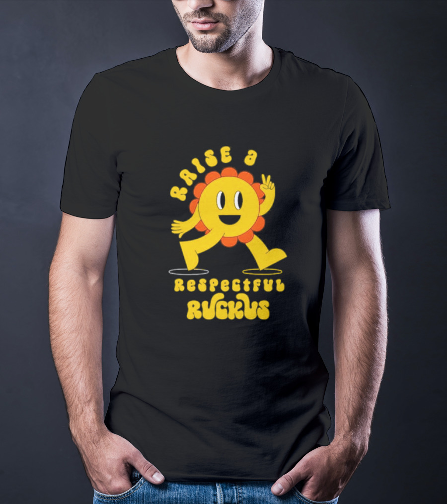RAISE A RESPECTFUL RUCKUS CHARACTER WALKING WITH PEACE SIGN YELLOW AND ORANGE T-Shirt