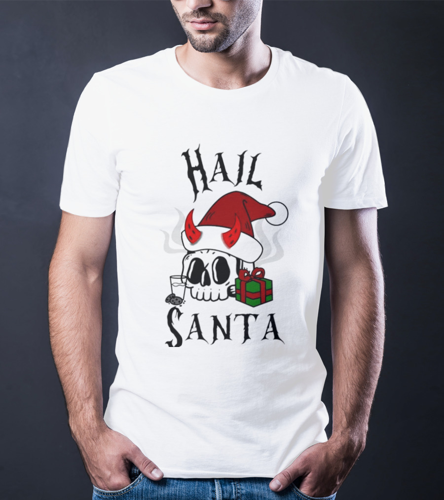 Hail Santa Skull With Devilish Santa Hat And Christmas Present T-Shirt