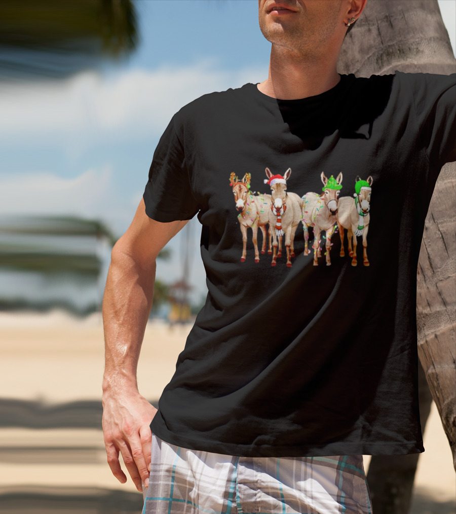 Merry Christmas Donkey Festive Holiday Lights With Reindeer Antlers And Santa Hats T-Shirt