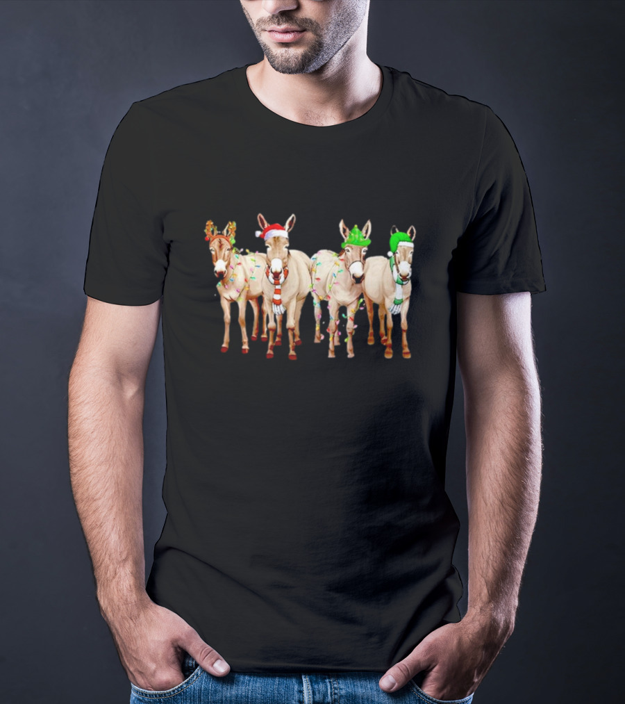 Merry Christmas Donkey Festive Holiday Lights With Reindeer Antlers And Santa Hats T-Shirt