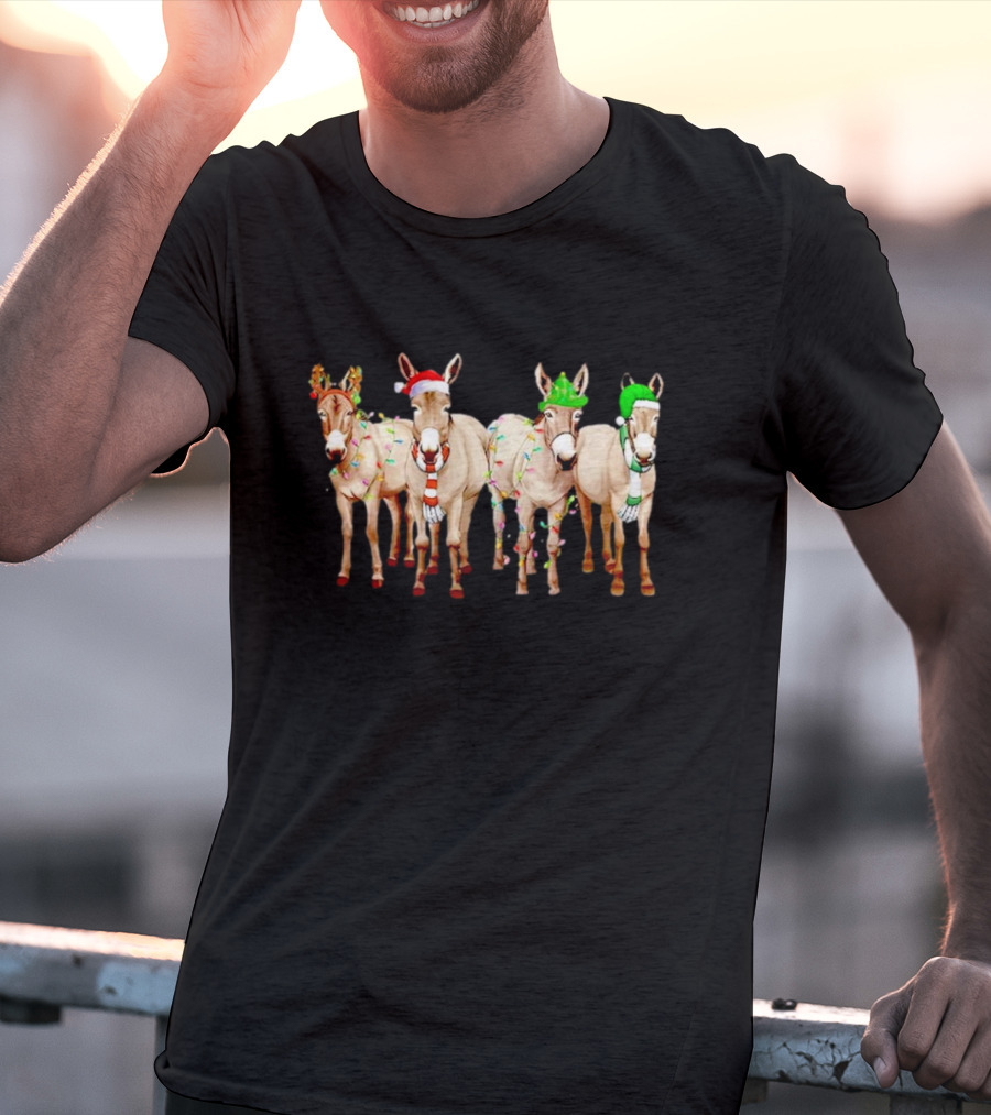 Merry Christmas Donkey Festive Holiday Lights With Reindeer Antlers And Santa Hats T-Shirt