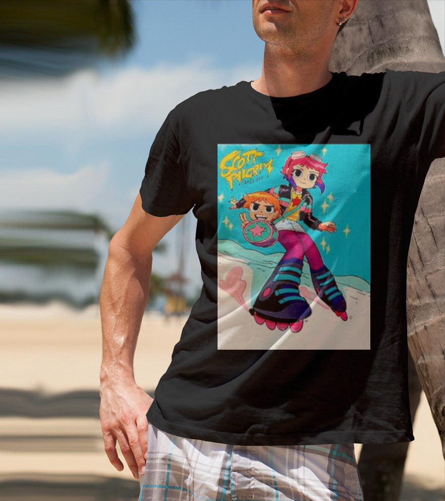 Scott Pilgrim Takes Off Roller Skating Adventure With Animated Style Characters T-Shirt