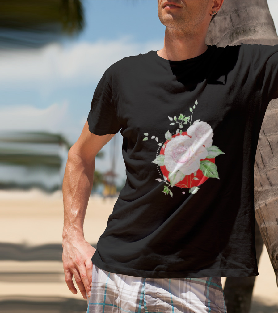 5Yr Kintsugi Rose Floral Design On Red Circle Background T-Shirt