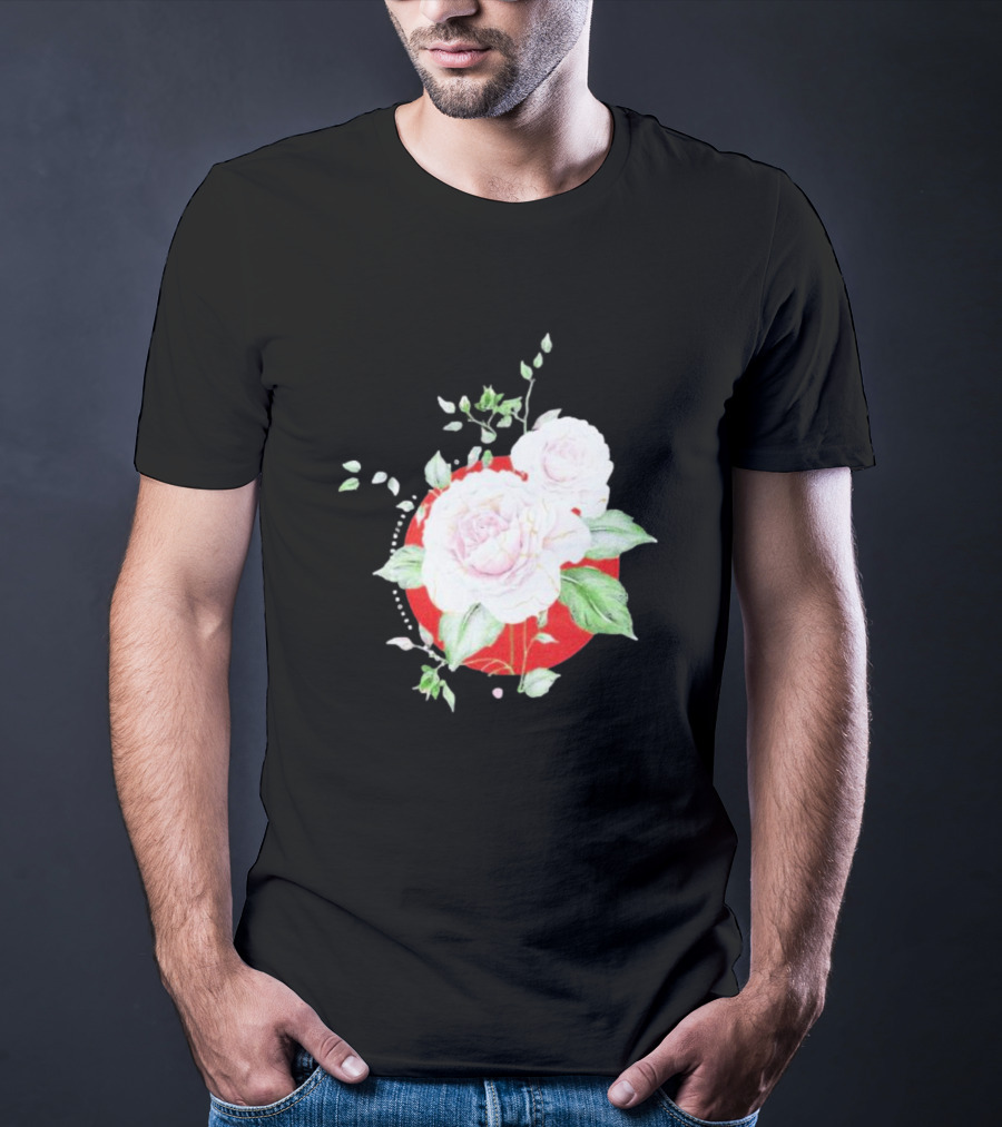 5Yr Kintsugi Rose Floral Design On Red Circle Background T-Shirt