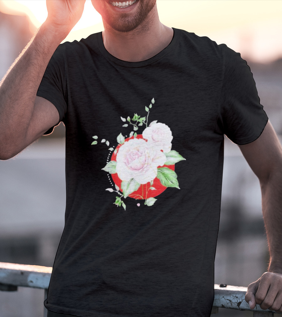 5Yr Kintsugi Rose Floral Design On Red Circle Background T-Shirt