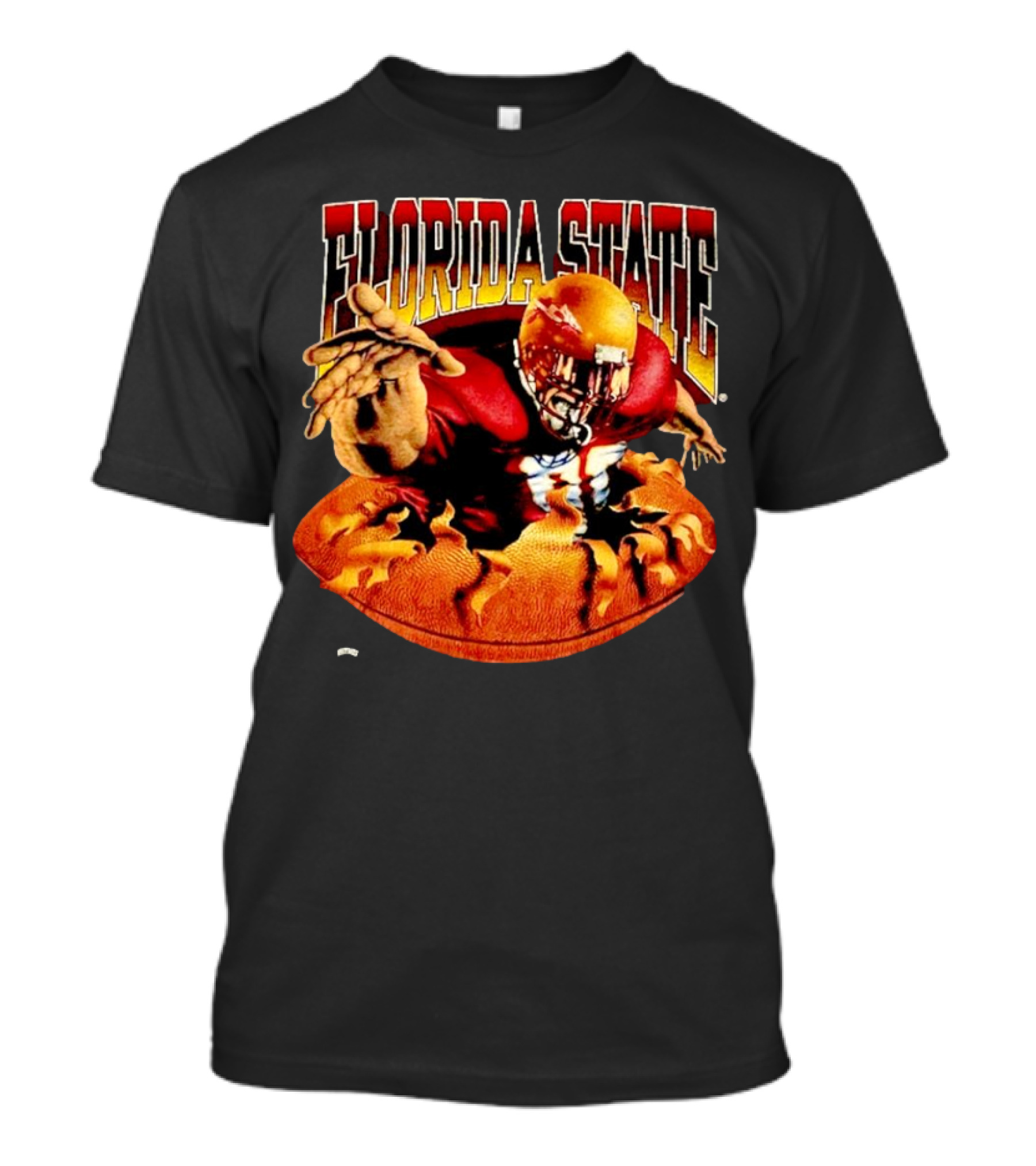 Florida State Seminoles FSU Football Player Emerging From Flames Two Sided Nutmeg T-Shirt