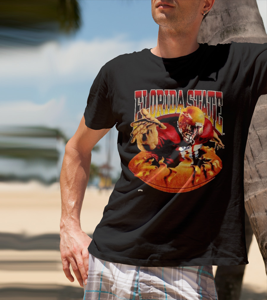 Florida State Seminoles FSU Football Player Emerging From Flames Two Sided Nutmeg T-Shirt