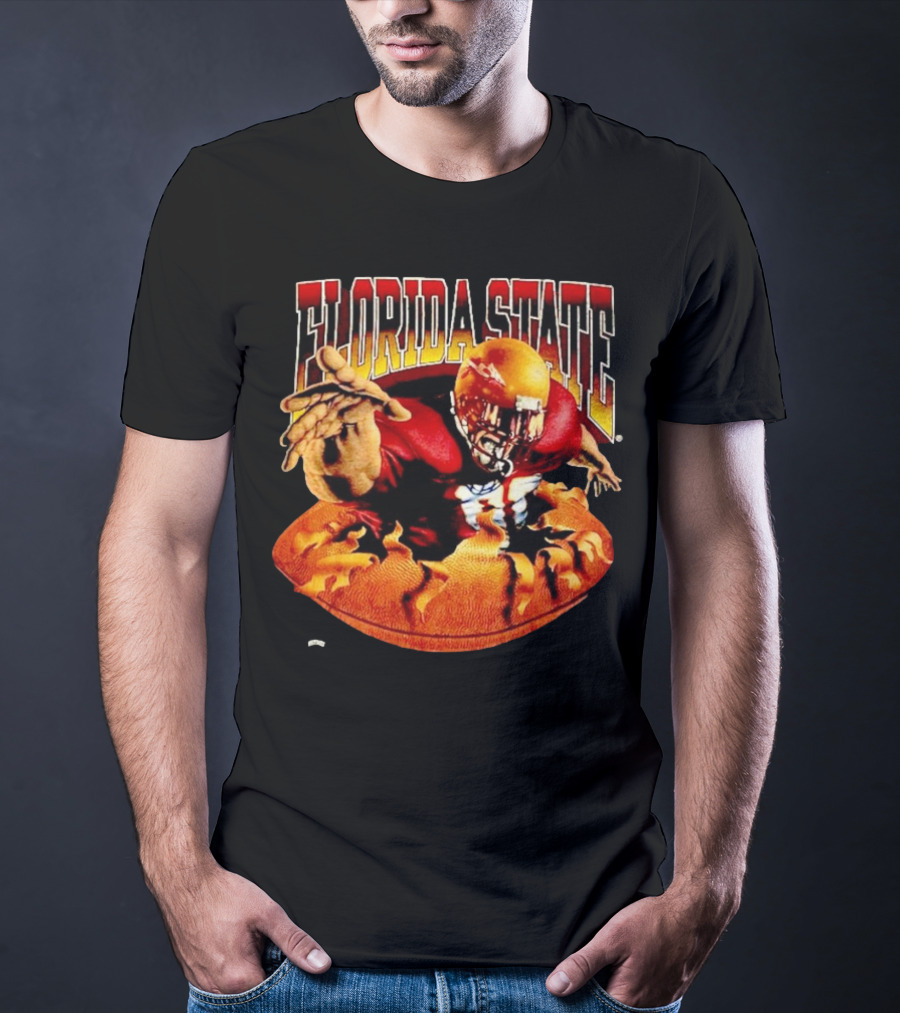 Florida State Seminoles FSU Football Player Emerging From Flames Two Sided Nutmeg T-Shirt