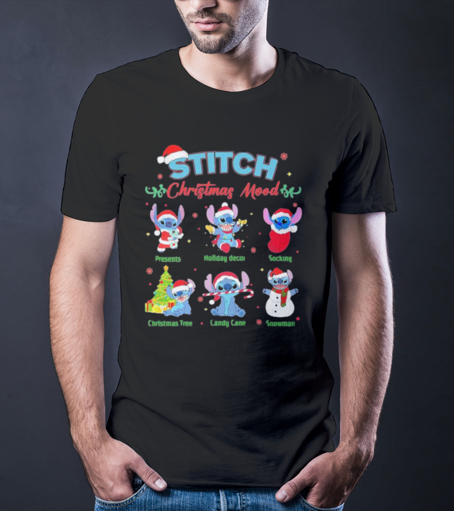 STITCH Christmas Mood Presents Holiday Decor Stocking Christmas Tree Candy Cane Snowman T-Shirt