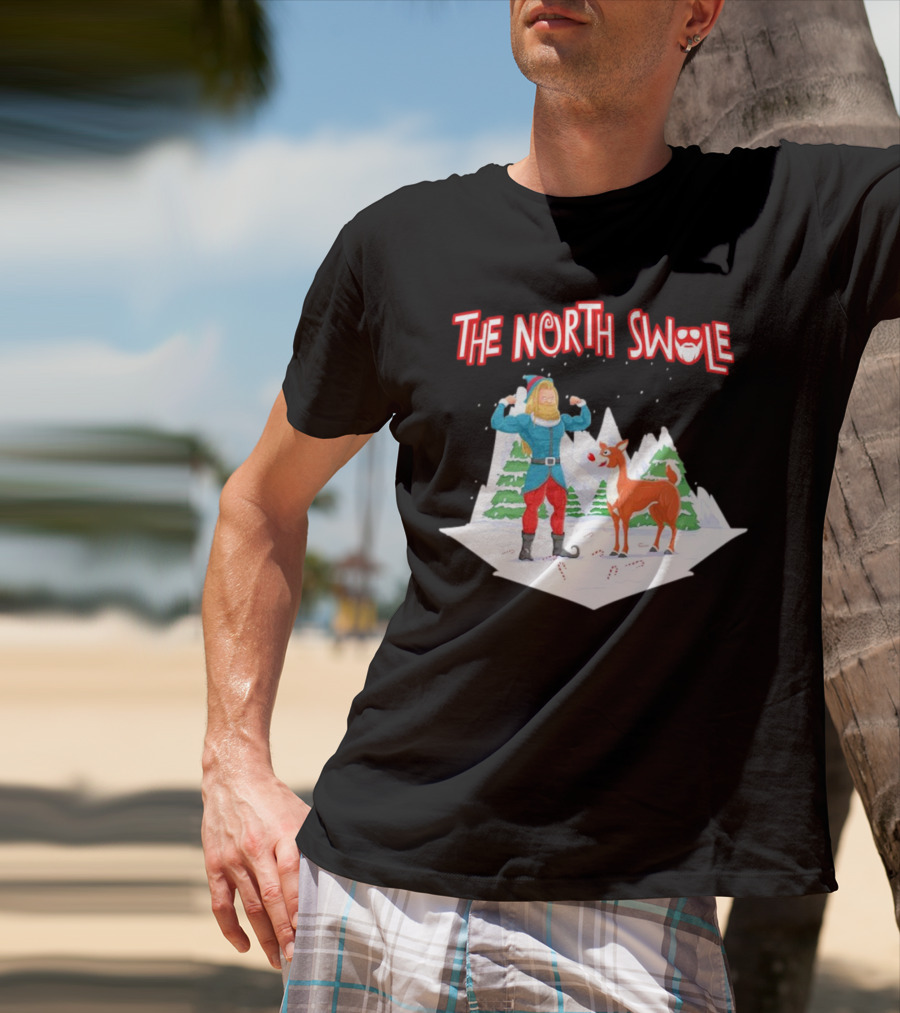 Papa Swolio Elf With Reindeer In The North Swole Winter Scene T-Shirt