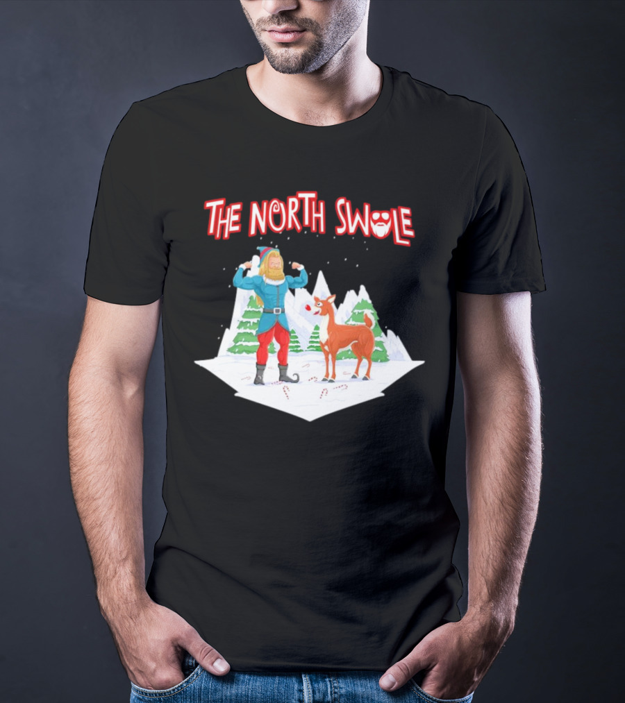 Papa Swolio Elf With Reindeer In The North Swole Winter Scene T-Shirt