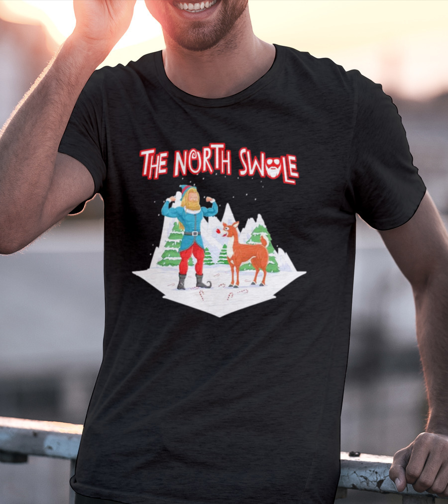 Papa Swolio Elf With Reindeer In The North Swole Winter Scene T-Shirt