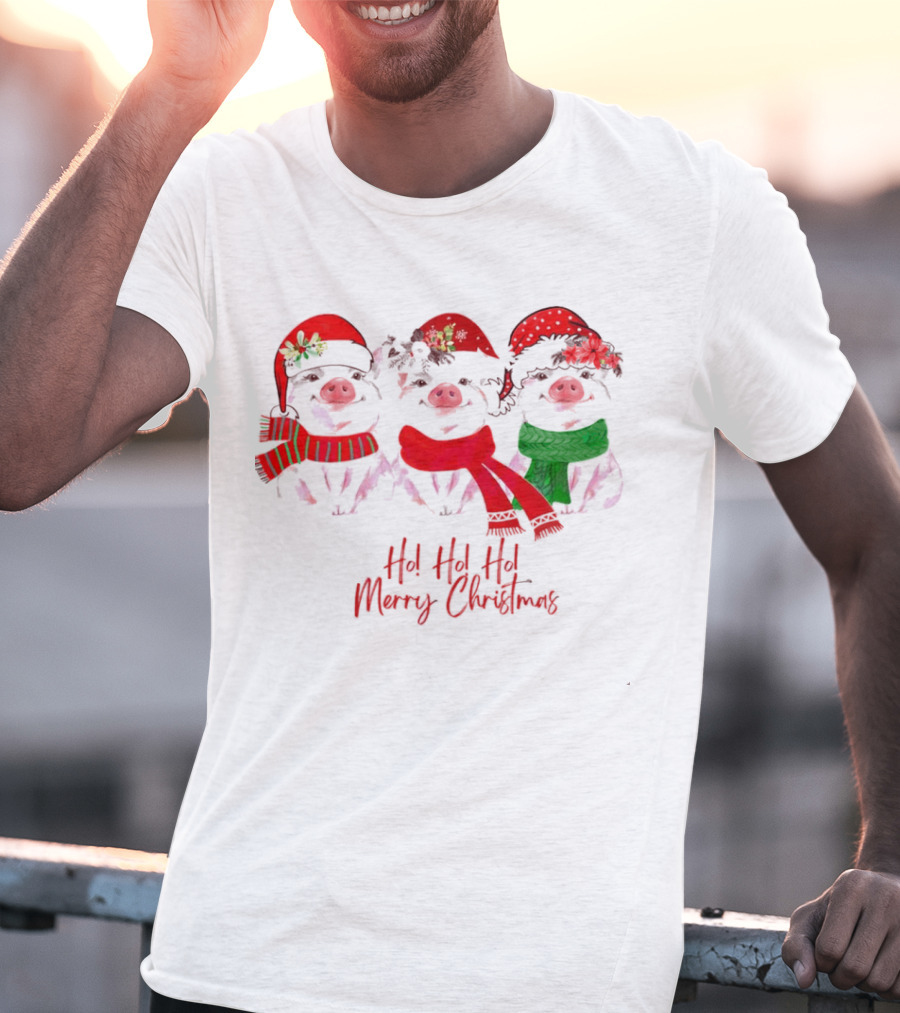 Ho Ho Ho Merry Christmas Pig Trio Santa Hat T-Shirt