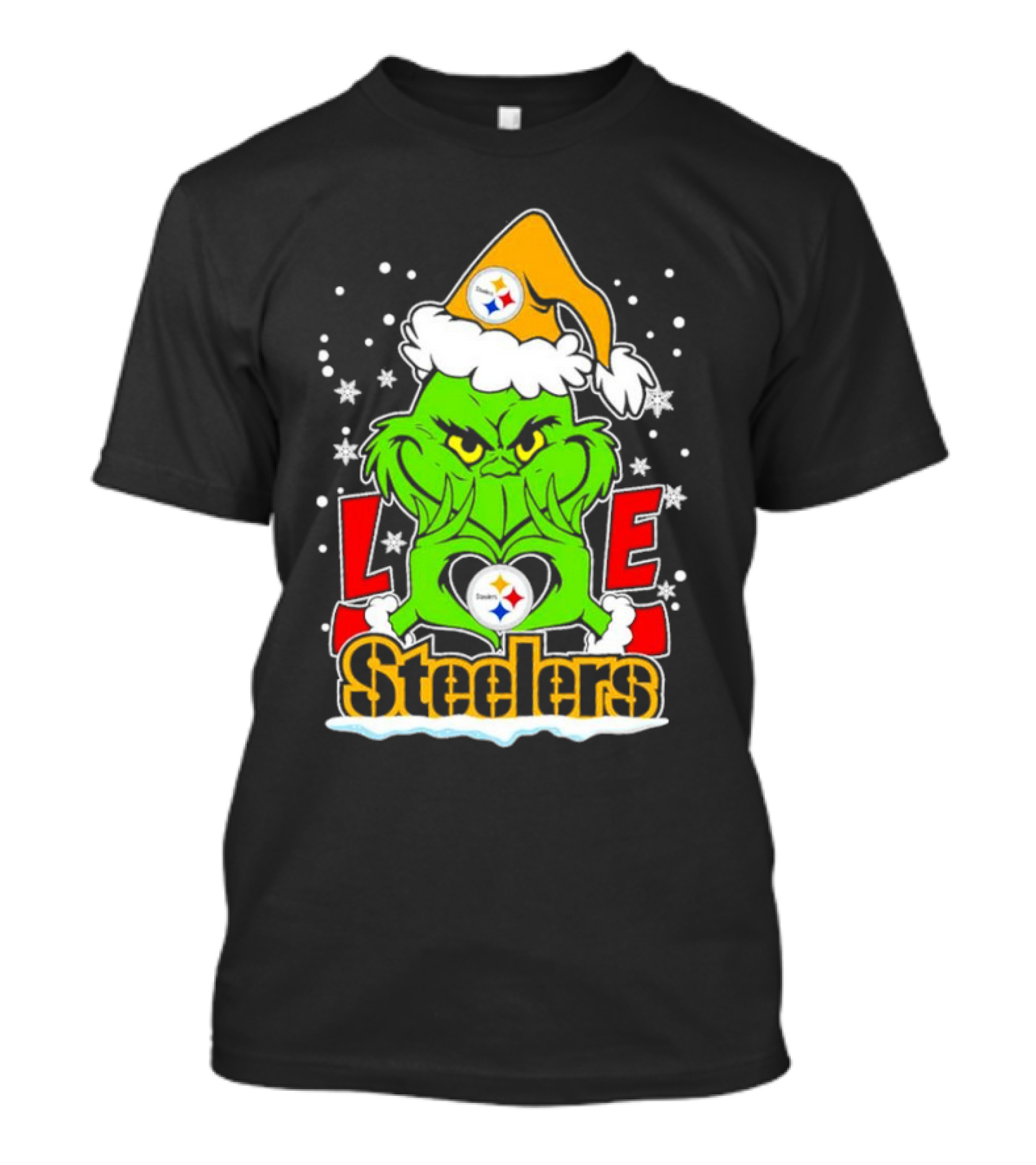 The Grinch Santa Hat Love Pittsburgh Steelers Logo Snowflakes T-Shirt