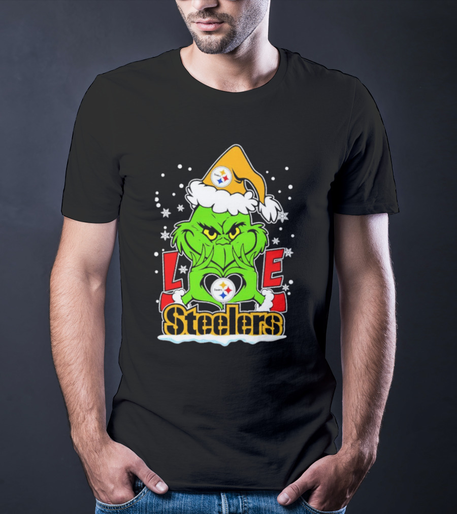 The Grinch Santa Hat Love Pittsburgh Steelers Logo Snowflakes T-Shirt