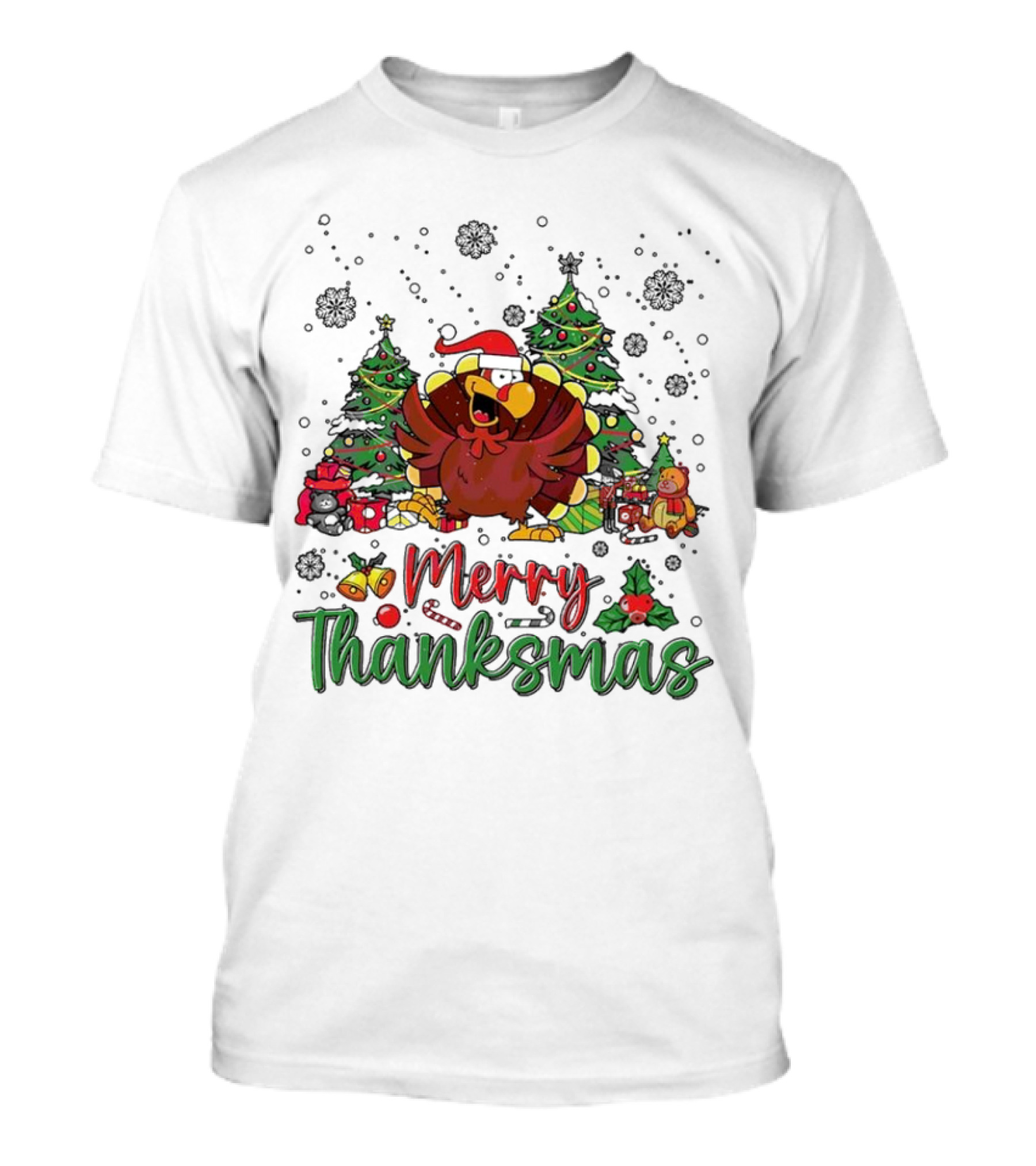 Merry Thanksmas Funny Turkey Santa Hat Christmas Trees T-Shirt