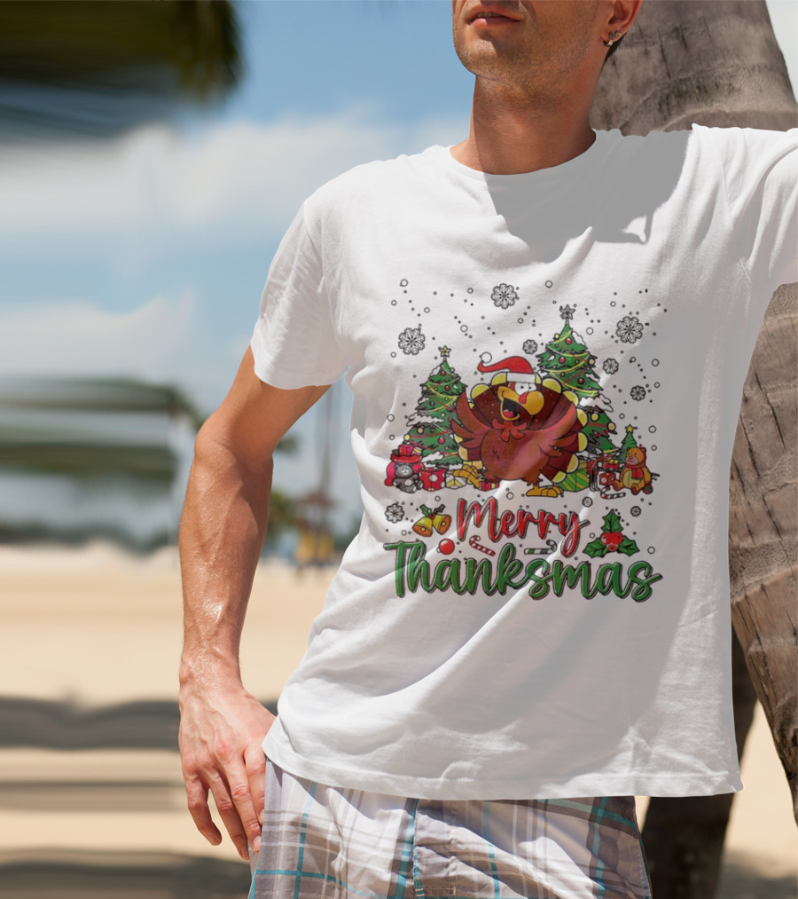 Merry Thanksmas Funny Turkey Santa Hat Christmas Trees T-Shirt