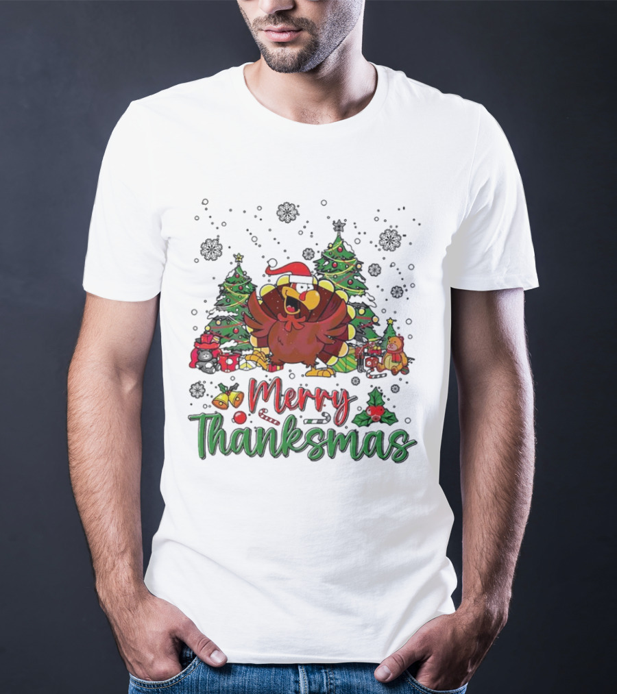 Merry Thanksmas Funny Turkey Santa Hat Christmas Trees T-Shirt
