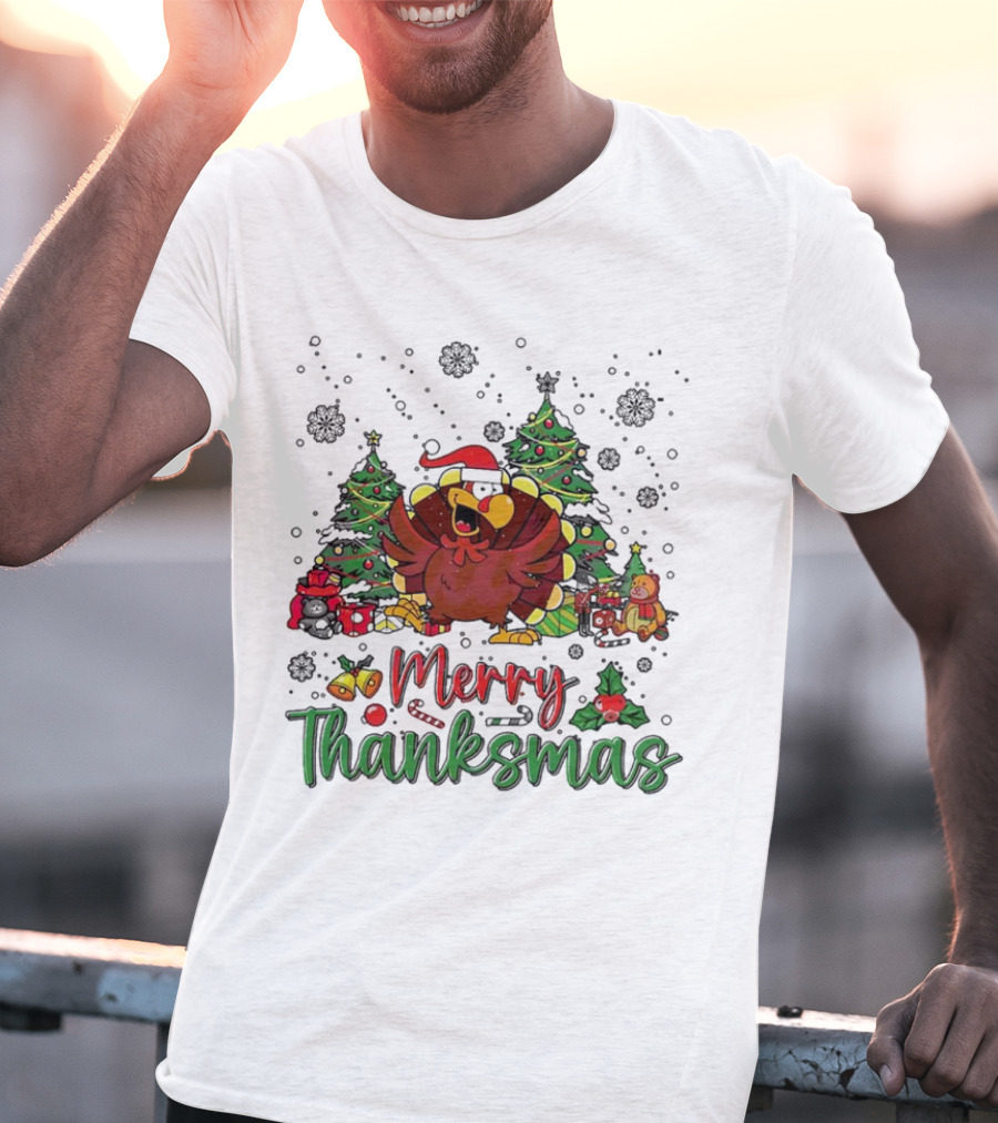 Merry Thanksmas Funny Turkey Santa Hat Christmas Trees T-Shirt