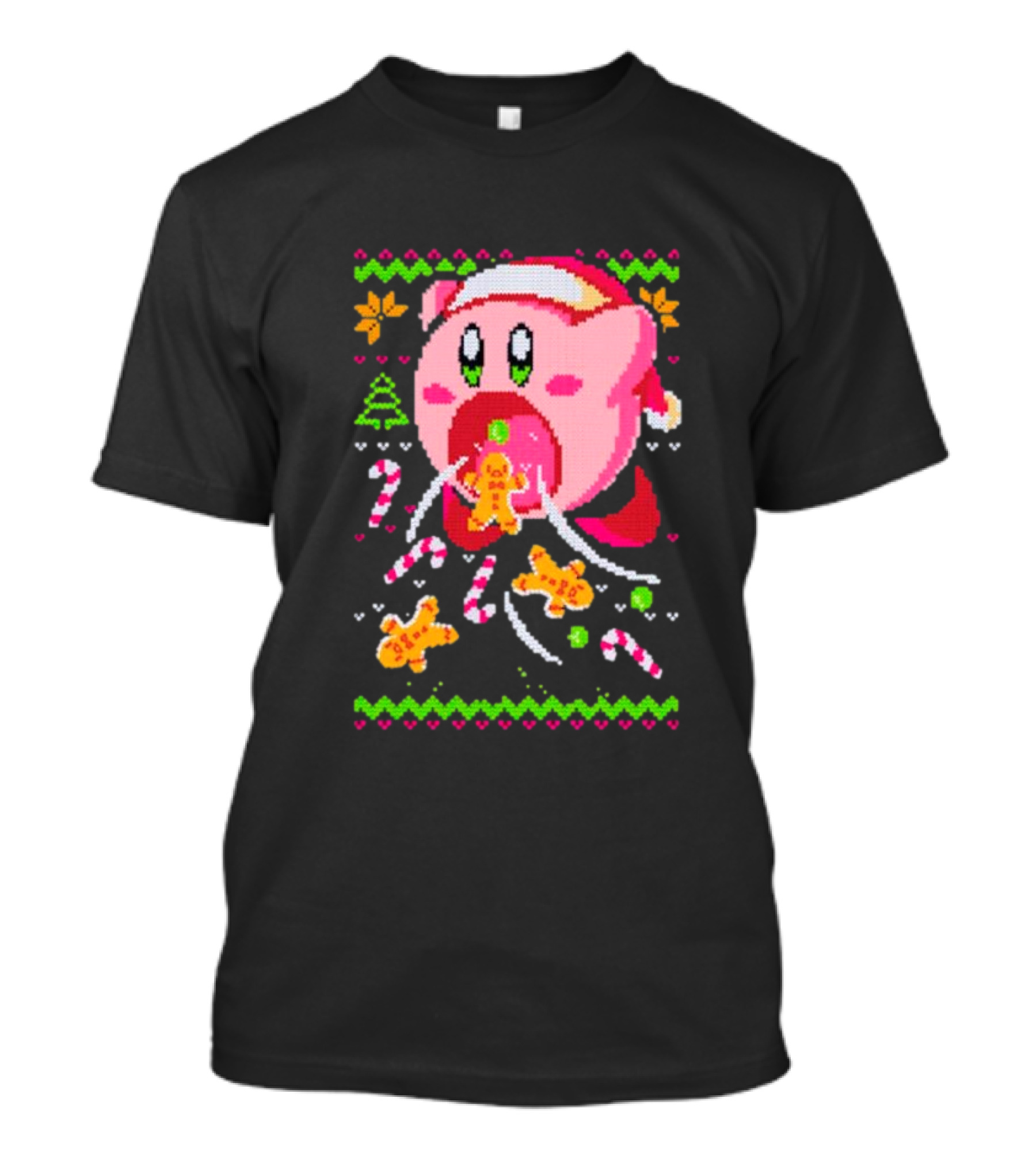 Kirby Santa Hat Eating Gingerbread Candy Canes Holiday T-Shirt