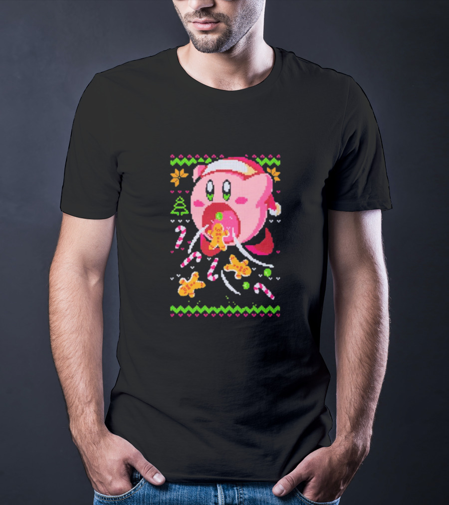 Kirby Santa Hat Eating Gingerbread Candy Canes Holiday T-Shirt