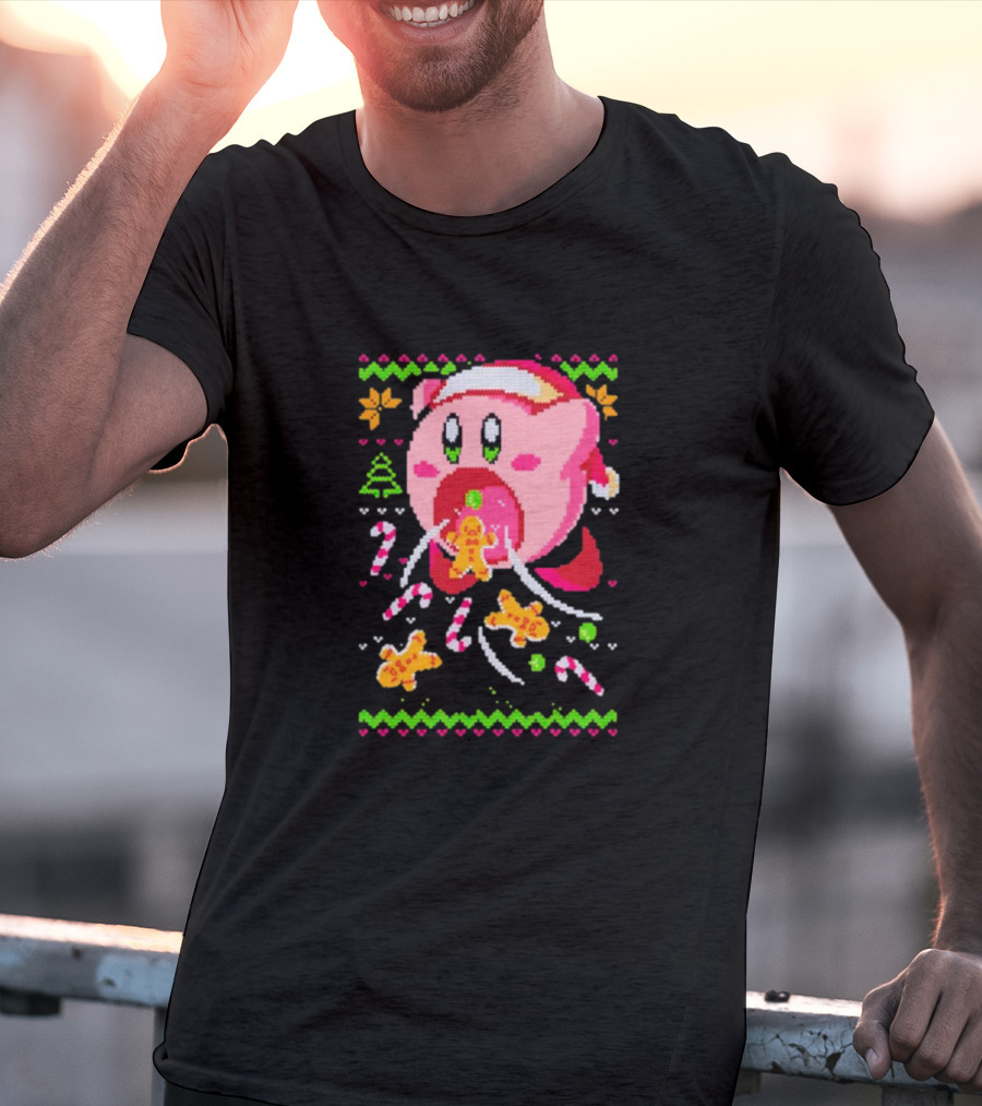 Kirby Santa Hat Eating Gingerbread Candy Canes Holiday T-Shirt