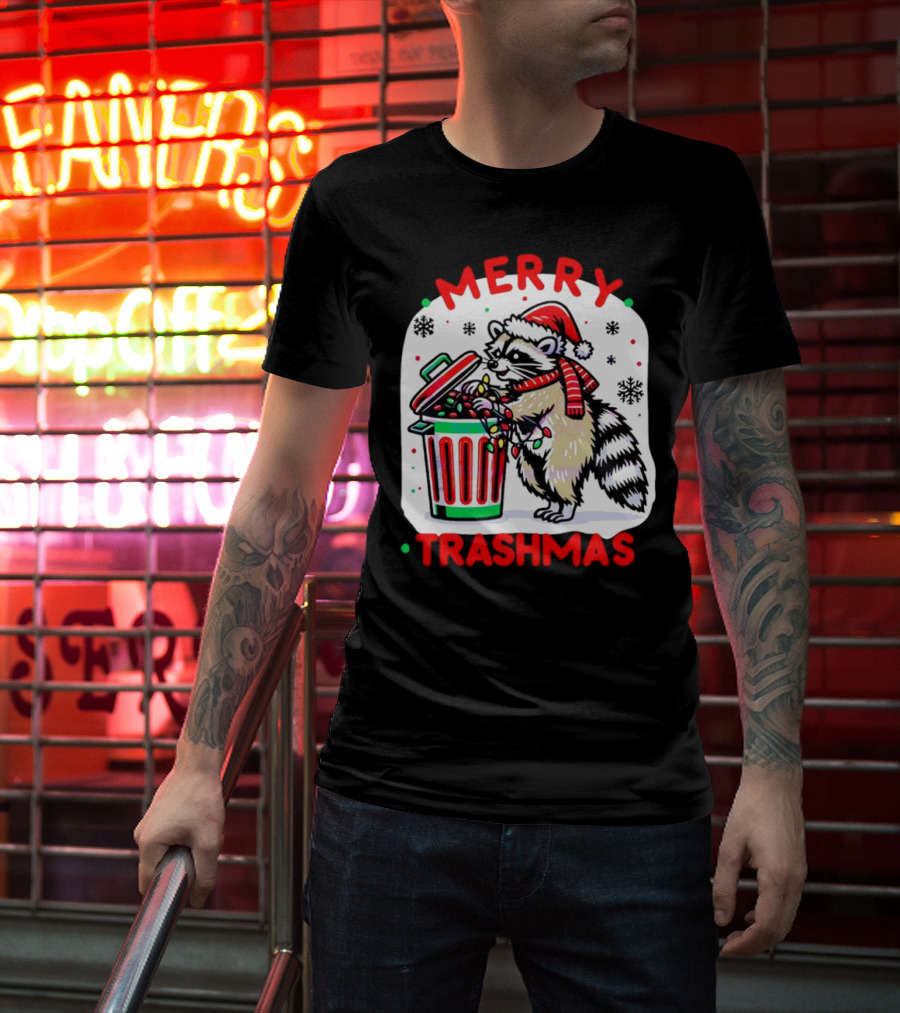 Merry Trashmas Raccoon Santa With Christmas Lights T-Shirt