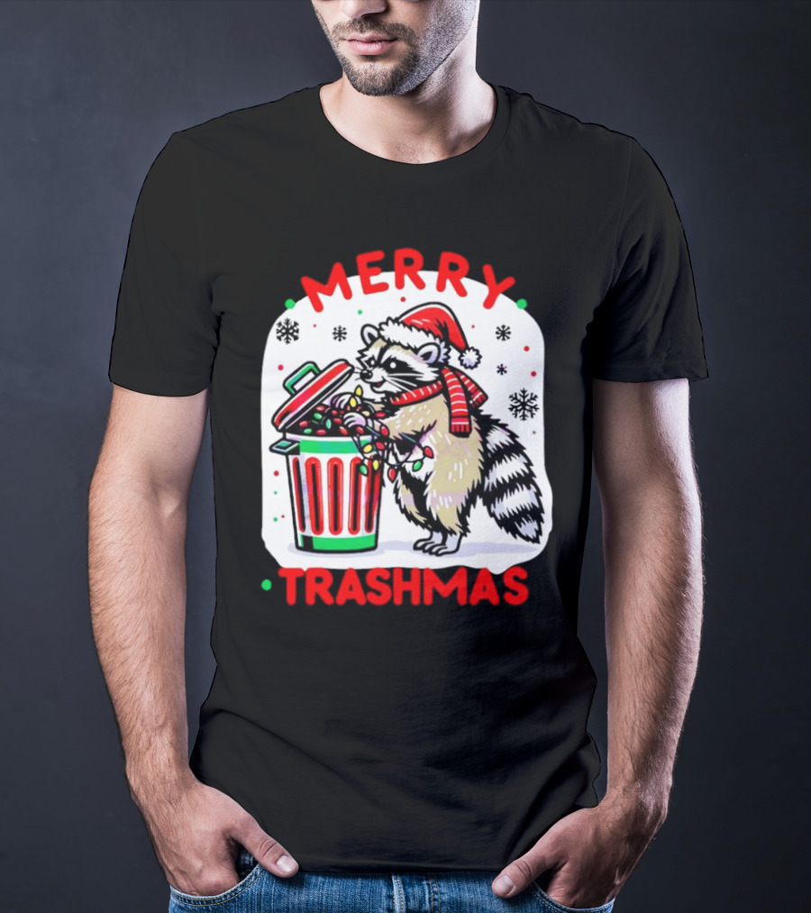 Merry Trashmas Raccoon Santa With Christmas Lights T-Shirt