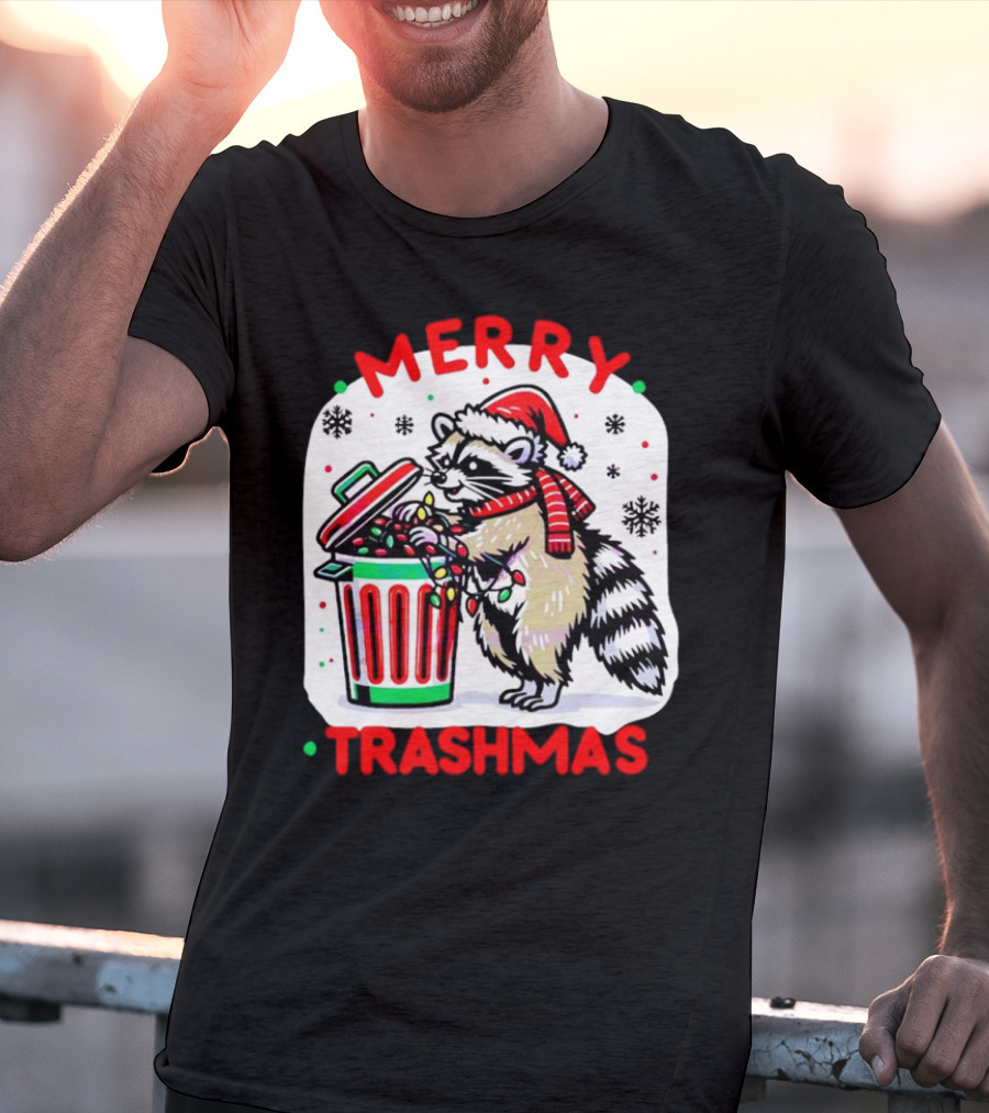 Merry Trashmas Raccoon Santa With Christmas Lights T-Shirt