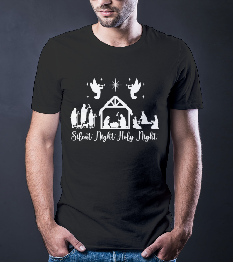 Silent Night Holy Night Nativity Scene With Angels And Star T-Shirt