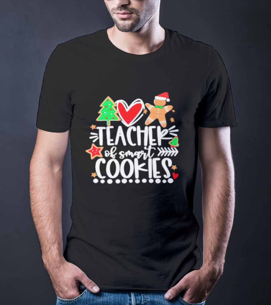Teacher Of Smart Cookies Christmas Tree Gingerbread Heart Stars T-Shirt