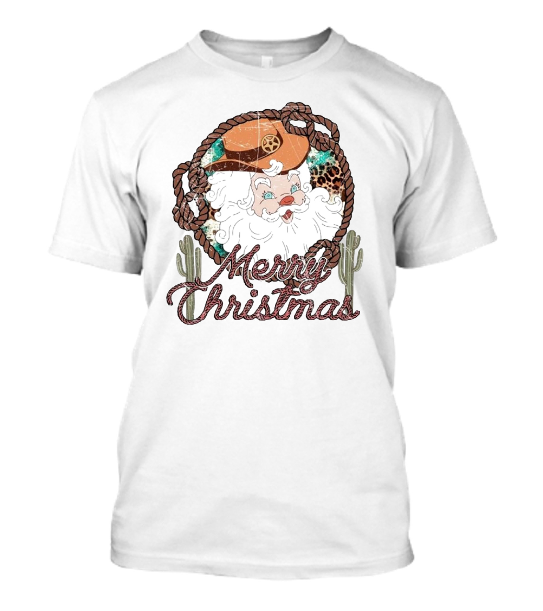 Merry Christmas Western Santa Cactus Rope Cowboy Hat T-Shirt