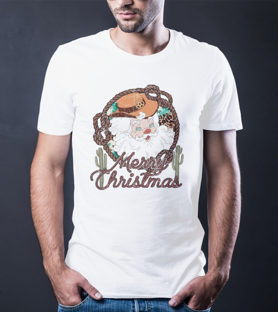 Merry Christmas Western Santa Cactus Rope Cowboy Hat T-Shirt