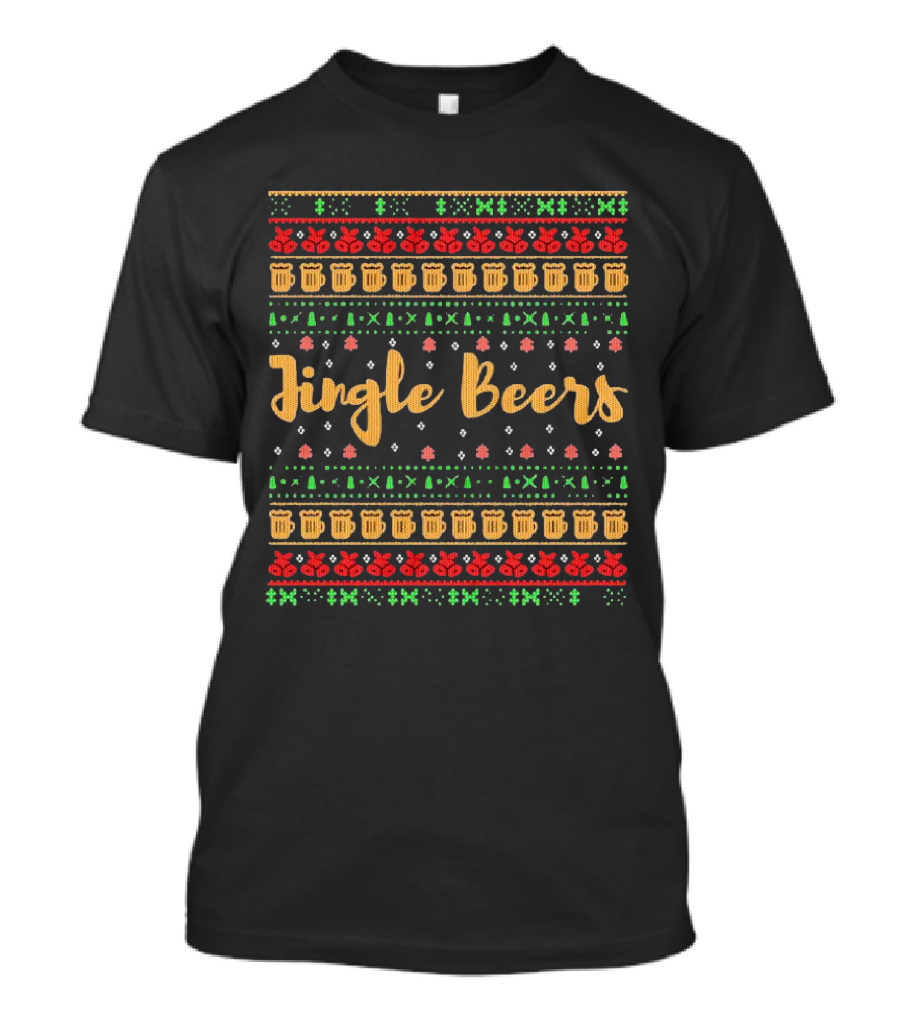 Jingle Beers Christmas Sweater Pattern With Beer Mugs And Holiday Decorations T-Shirt