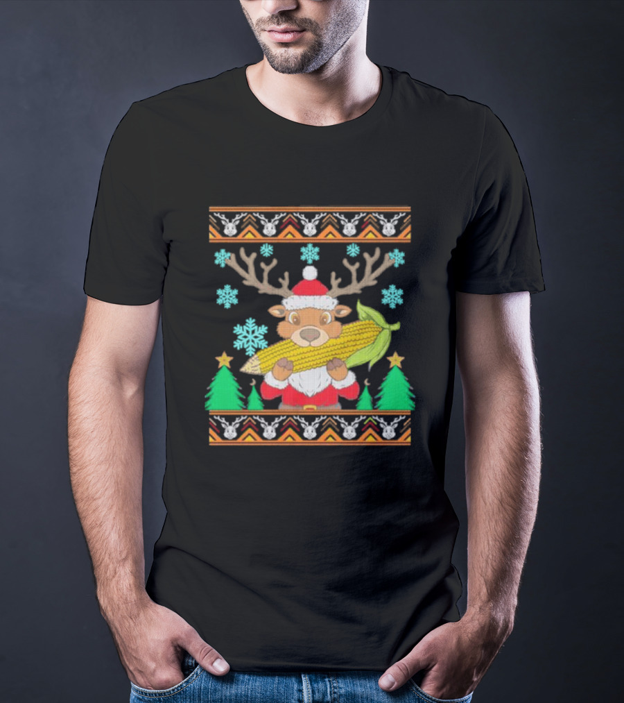 Reindeer Holding Corn With Snowflakes And Trees Christmas T-Shirt