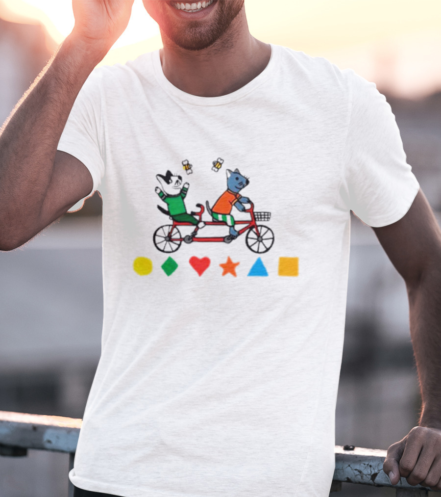 Tandem Cats Bike With Colorful Geometric Shapes T-Shirt