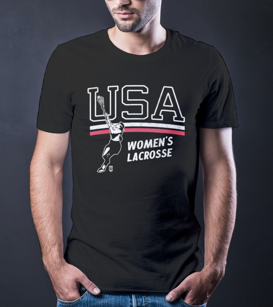 USA Women's Lacrosse Athletic Graphic With Player And Red White Stripes T-Shirt