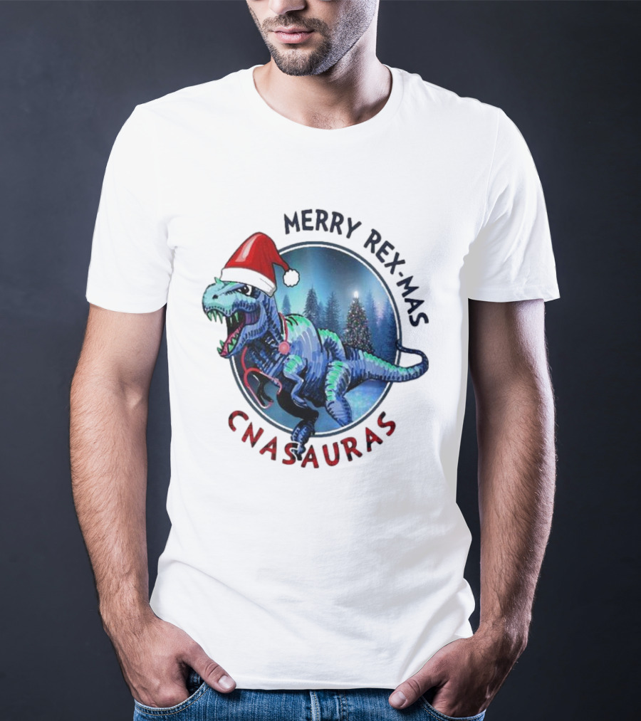 Merry Rex-mas CNAauras Santa Hat Dinosaur Christmas Tree Forest T-Shirt