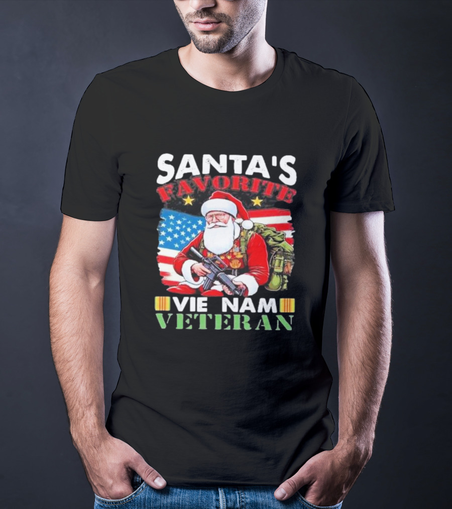 Santa's Favorite Vietnam Veteran With American Flag And Santa Claus Holding Military Gear T-Shirt